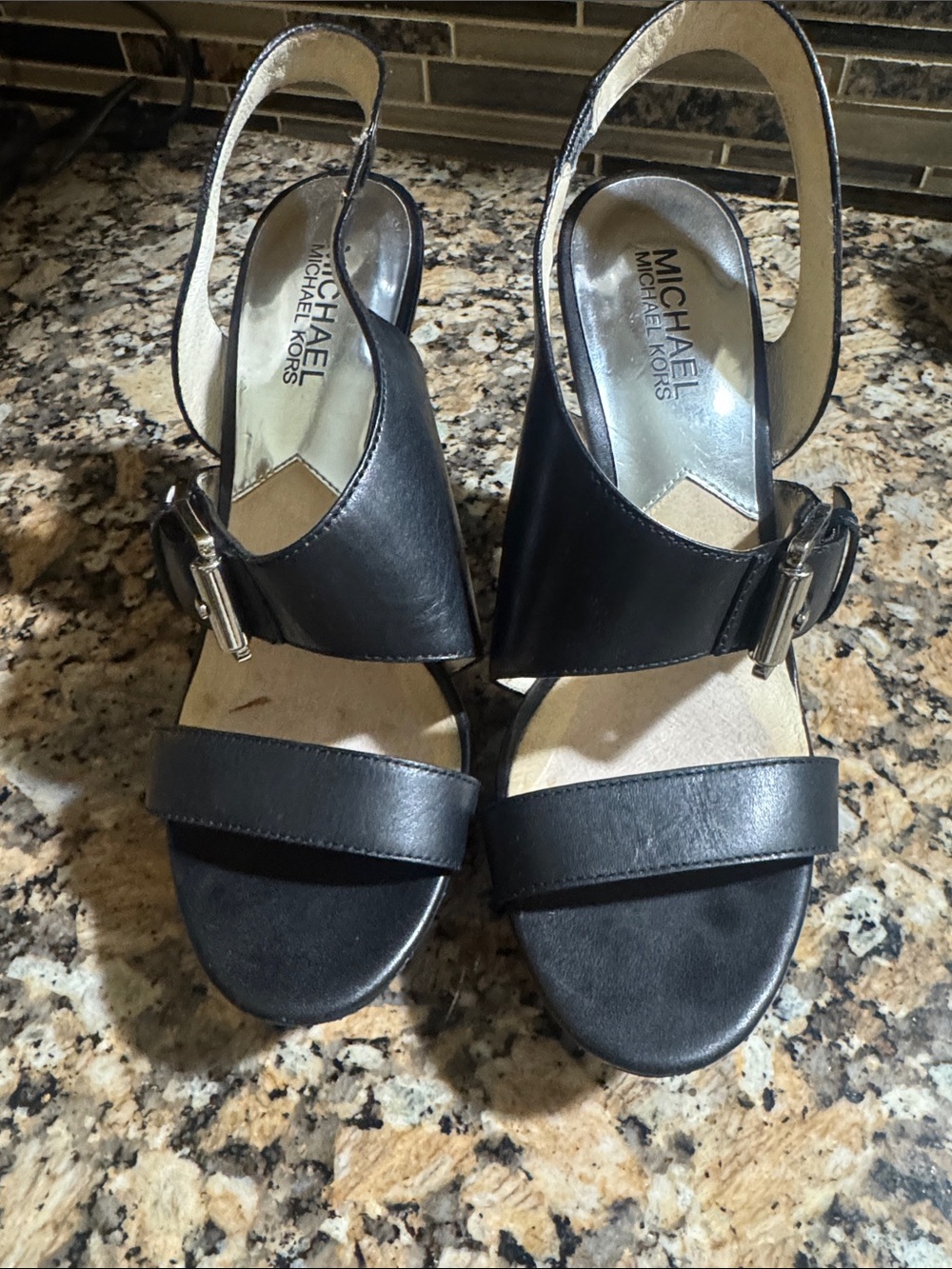 Michael Kors Black Leather Buckle Slingback Platform Heels